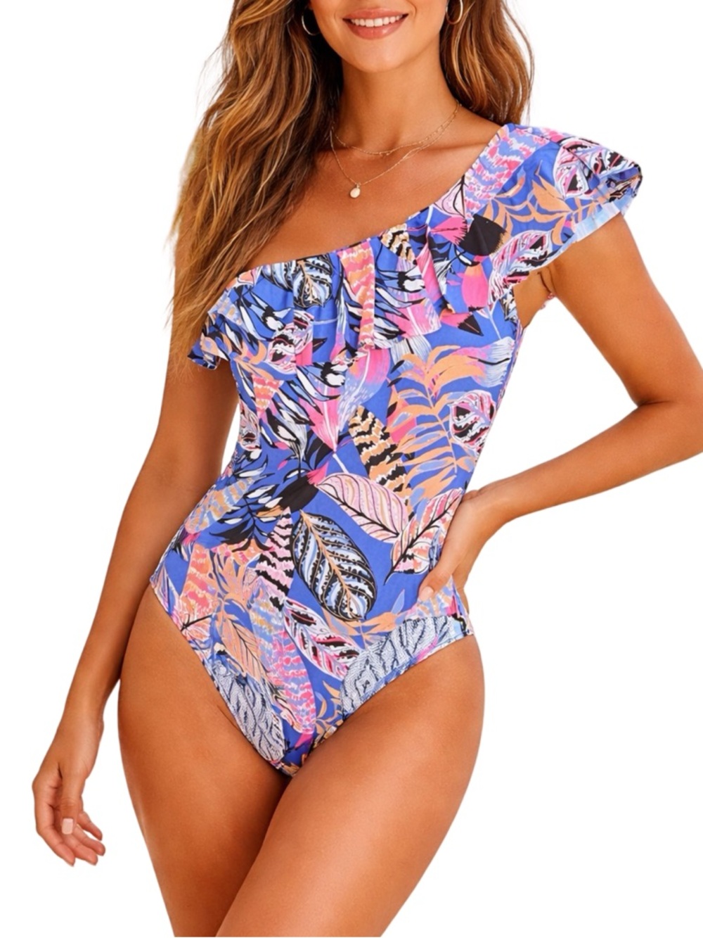 unsubscribed One-Shoulder Tropical Print Ruffled One-Piece Swimsuit - Medium